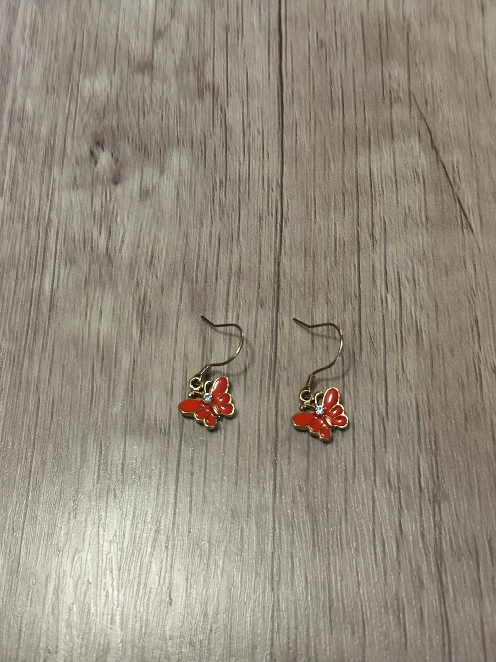 Gold Tone Butterfly Drop Earrings - Red Enamel
